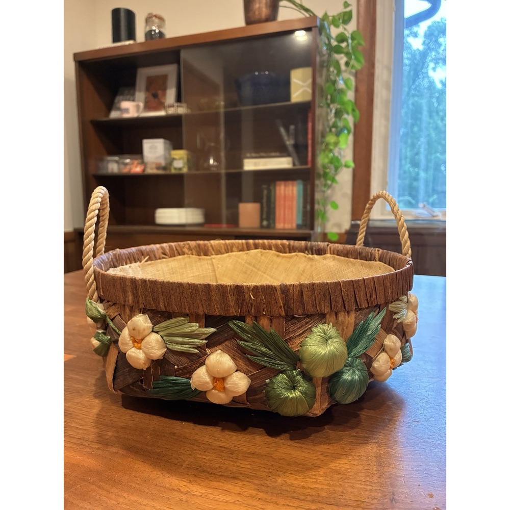 Vintage Woven Straw Raffia Embroidered Hand Made Floral Nesting Handle Basket